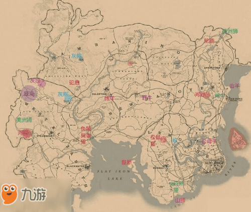 荒野大镖客2动物分布图，荒野镖客野生动物位置